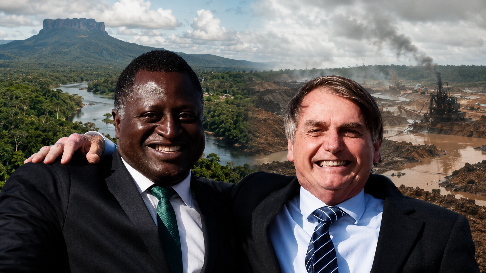 Hélio Lopes e Jair Bolsonaro diante de uma composição que contrapõe a floresta de Roraima aos impactos do garimpo